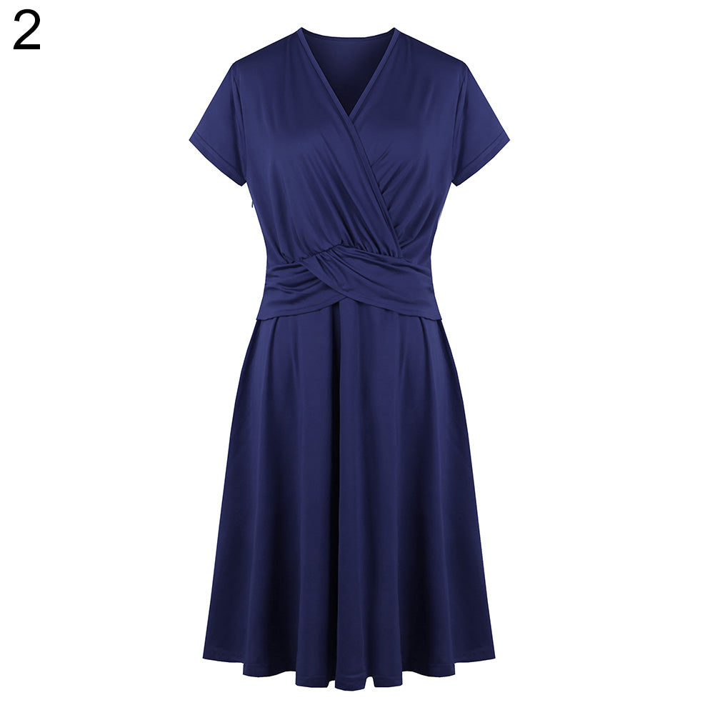 Fashion Women V-Neck Casual Ruched Waist Evening Party Cocktail Swing Dress
