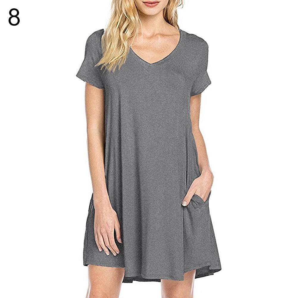 Women's Casual Simple Plain Side Pockets Summer Loose V-Neck T-shirt Dress