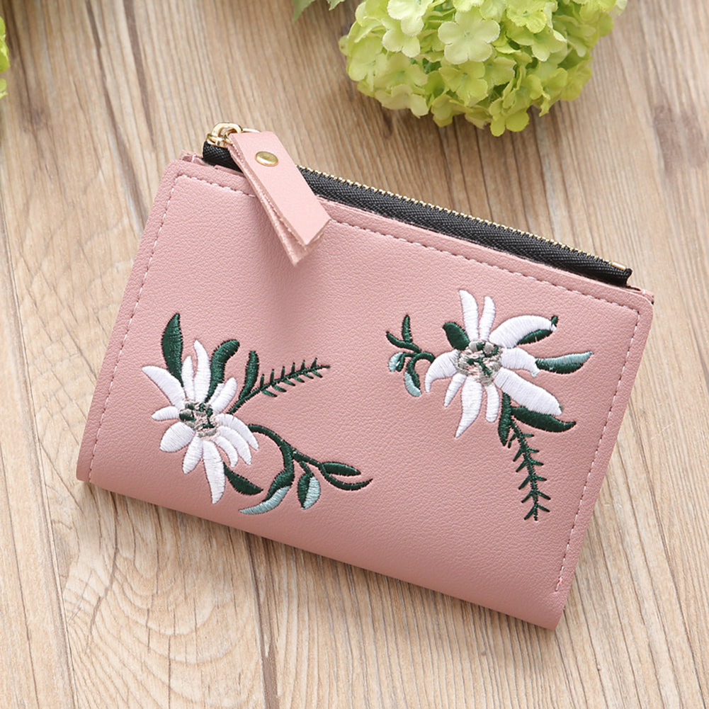 Embroidery Flower Faux Leather Women Girl Coin Purse Card Holder Short Wallet