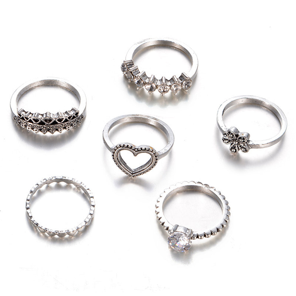6Pcs/Set Fashion Heart Flower Rhinestone Knuckle Finger Rings Women Jewelry Gift