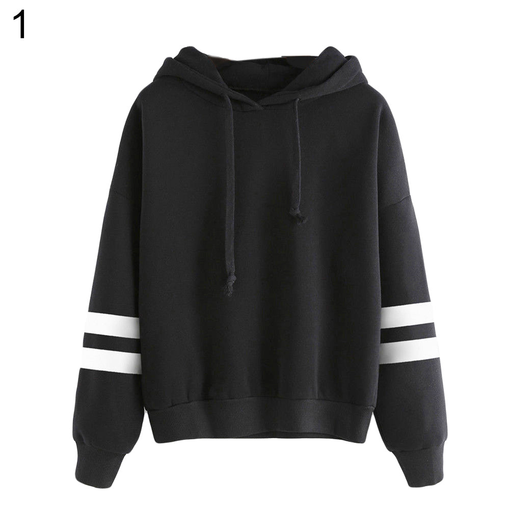 Women's Long Sleeve Hoodie Hooded Sweatshirt Striped Pullover Soft Top Coat