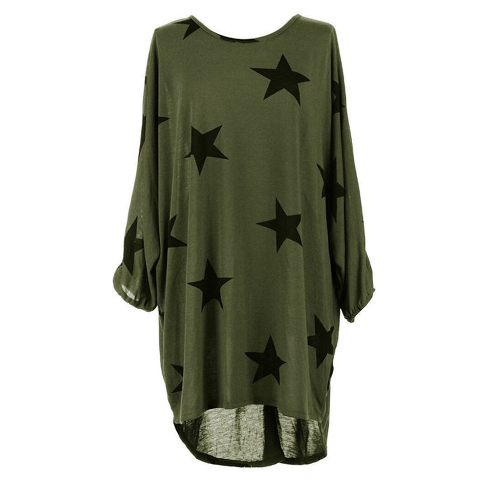 Stars Print Long Sleeve Round Neck Women Spring Loose Long T-shirt Top Dress