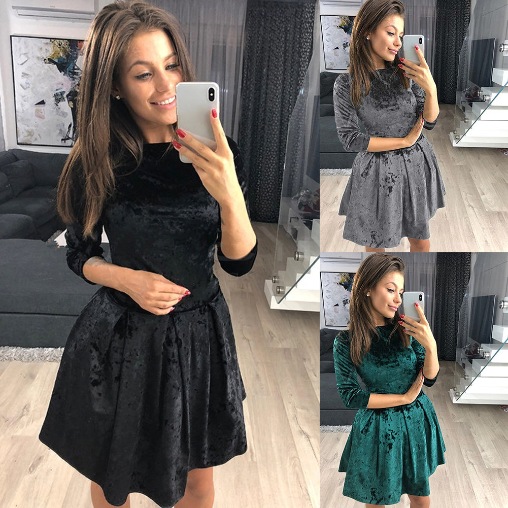 Winter Three-quarter Sleeve Evening Party Solid Color Crushed Velour Mini Dress