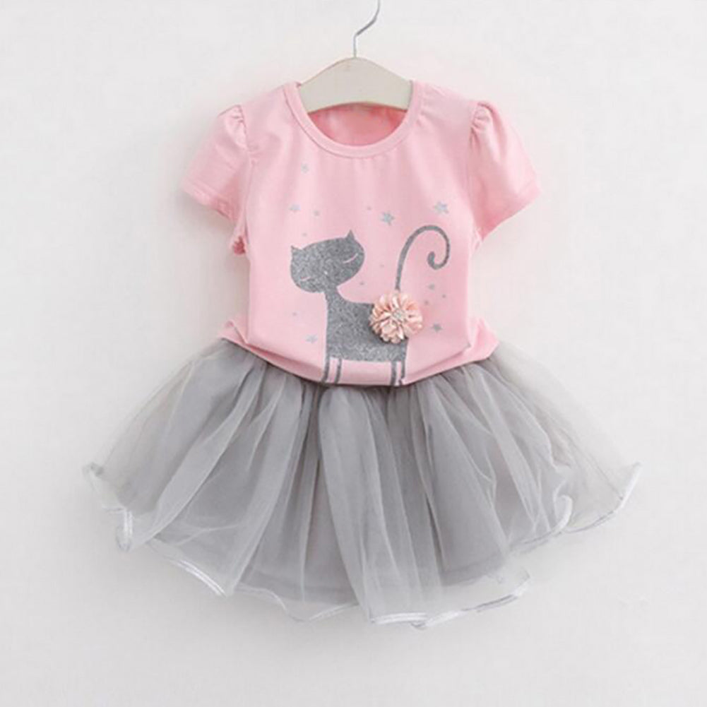 Kids Girls Fashion Cat Pattern T-shirt Short Sleeve Dancewear Party Tutu Skirt Set