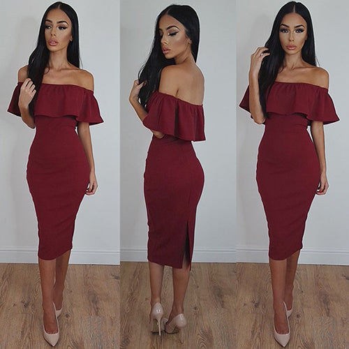 Women Off the Shoulder Ruffled Collar Bodycon Package Hip Party Club Sexy Dress