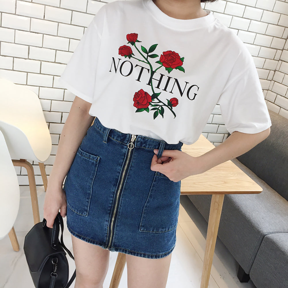 Nothing Letter Print Rose Flower Short Sleeve T-shirt Summer Women's Tee Top