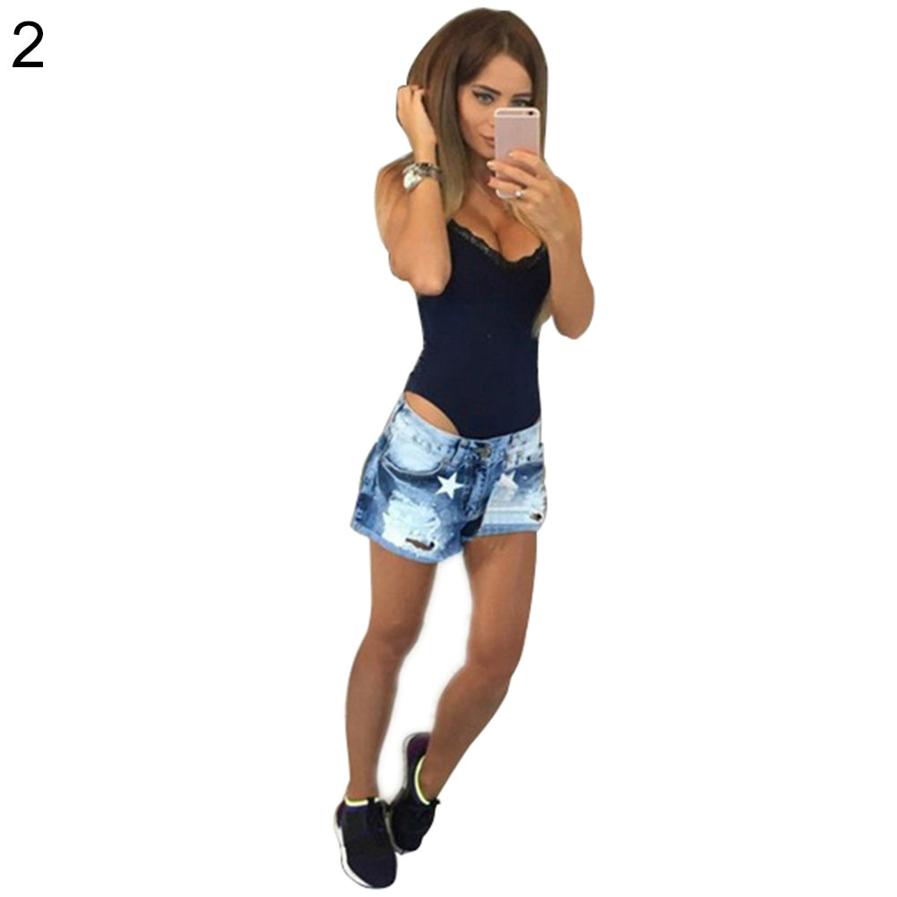 Sexy Women Summer Slim Fit V-neck Romper Stretch Bodycon Lace Patchwork Jumpsuit