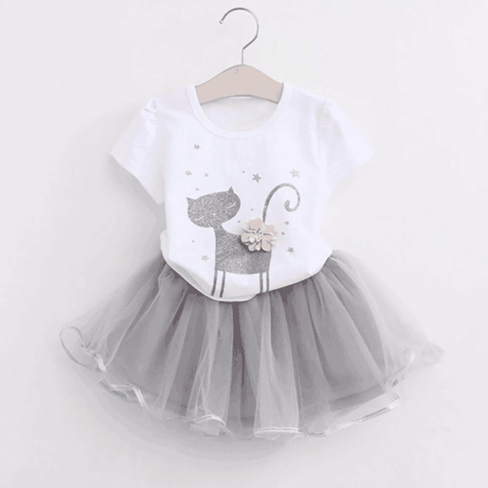 Kids Girls Fashion Cat Pattern T-shirt Short Sleeve Dancewear Party Tutu Skirt Set