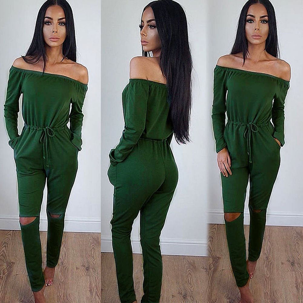 Sexy Clubwear Bodycon Solid Color Off Shoulder Jumpsuit Romper Long Trousers