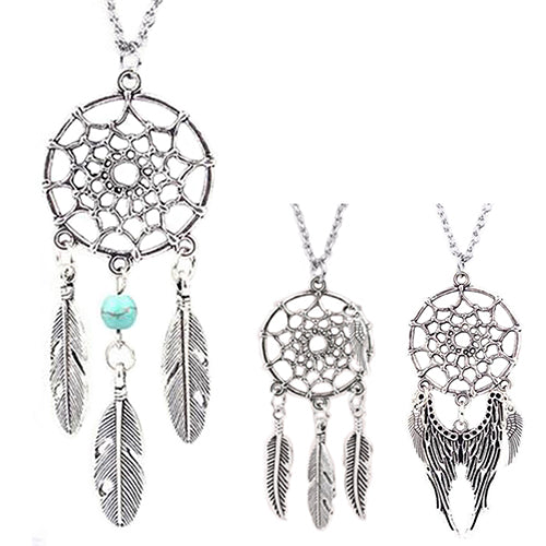 Women Ethnic Turquoise Feather Wing Pendant Dream Catcher Charm Chain Necklace