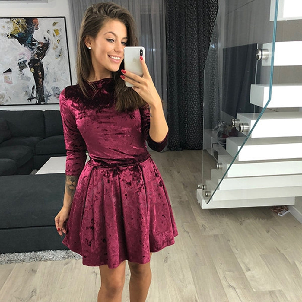Winter Three-quarter Sleeve Evening Party Solid Color Crushed Velour Mini Dress