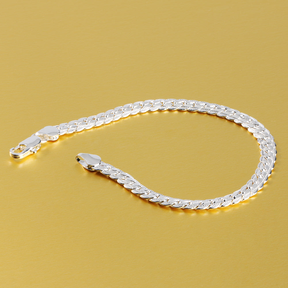 Fashion Men's Flat Curb Silver Plated Chain Simple Design Bracelet Jewelry Gift