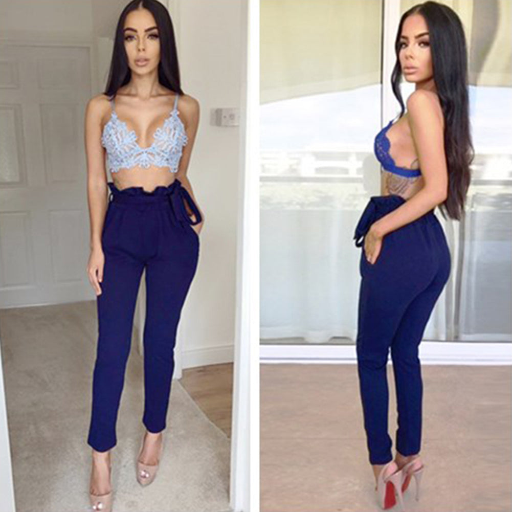 Women Casual Solid Color Trousers Waist Belt Ruffled Waist Long Pencil Pants