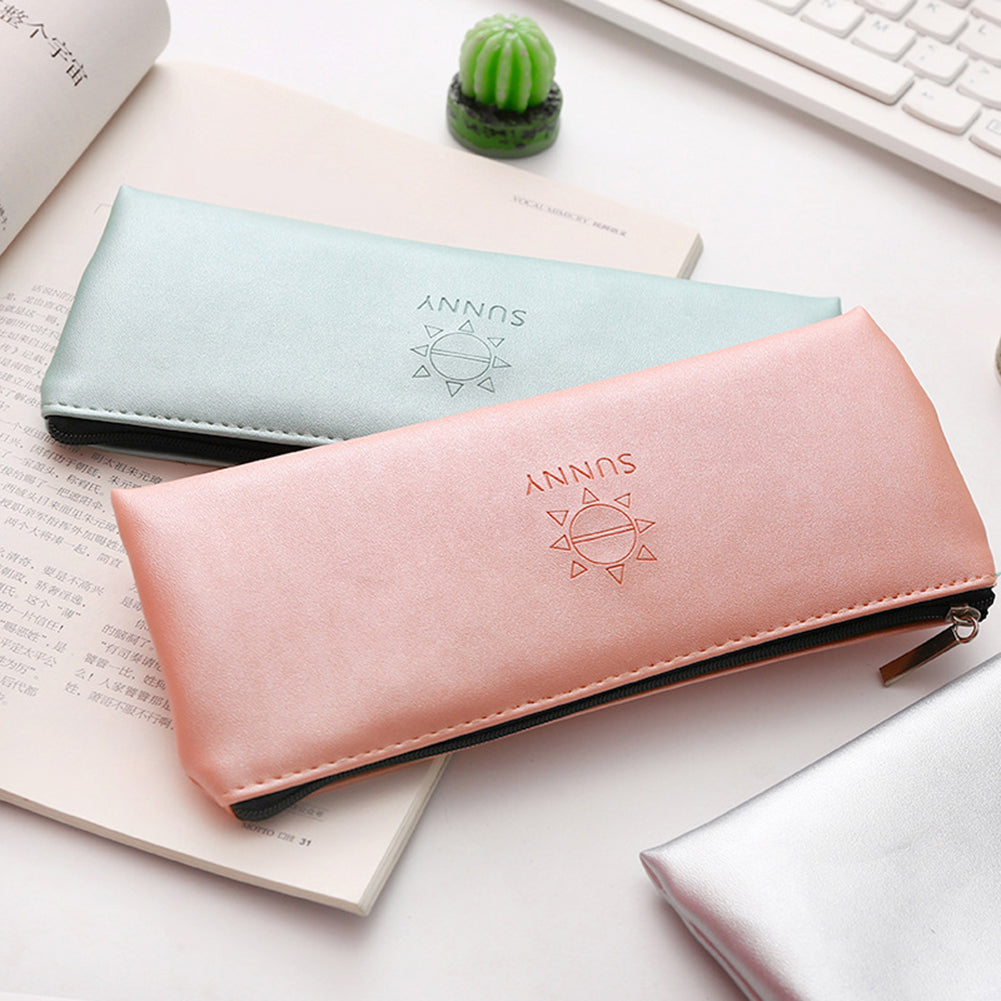 Sunny Faux Leather Pen Pouch Pencil Case Stationery Storage Bag Student Gift