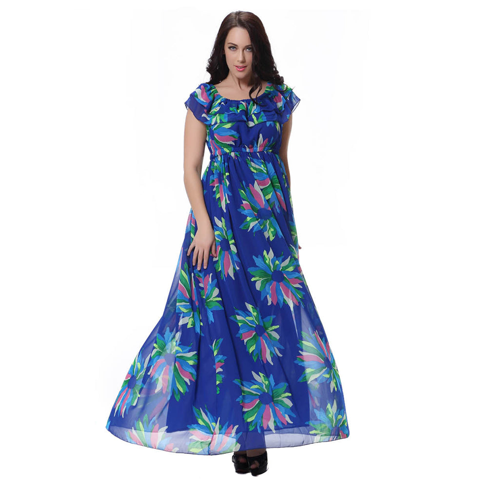 Women's Fashion Summer Chiffon Sleeveless Big Swing Floral Print Long Maxi Dress