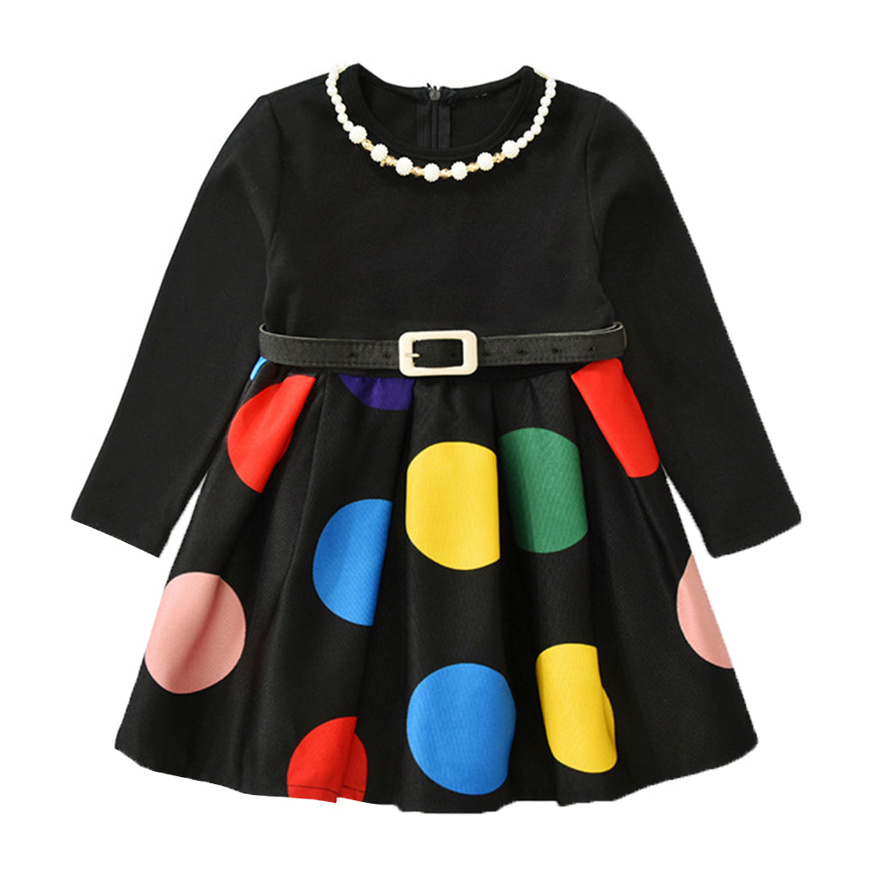 Autumn Winter Girl Long Sleeve Colorful Polka Dot Mini Dress with Belt Necklace