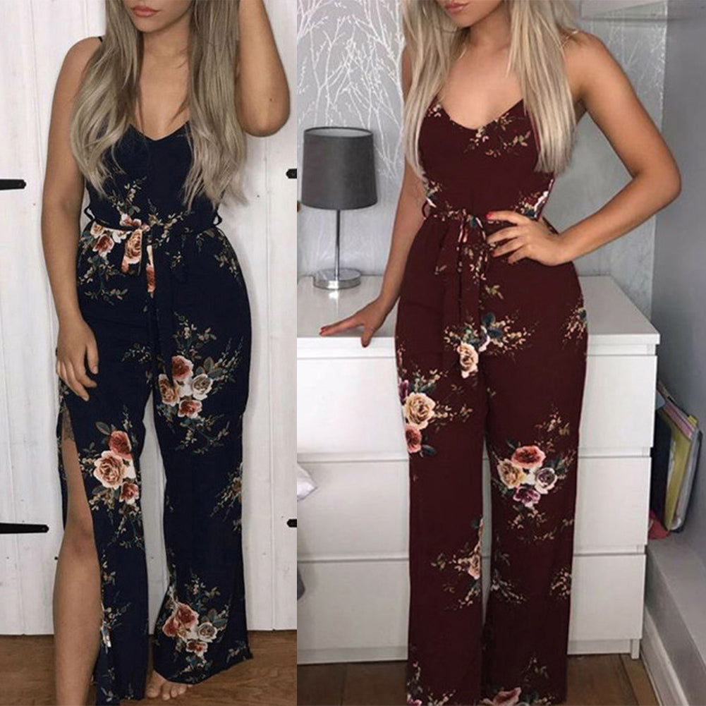 Women Sexy Long Pants Sleeveless Spaghetti Strap Jumpsuit Romper With Belt