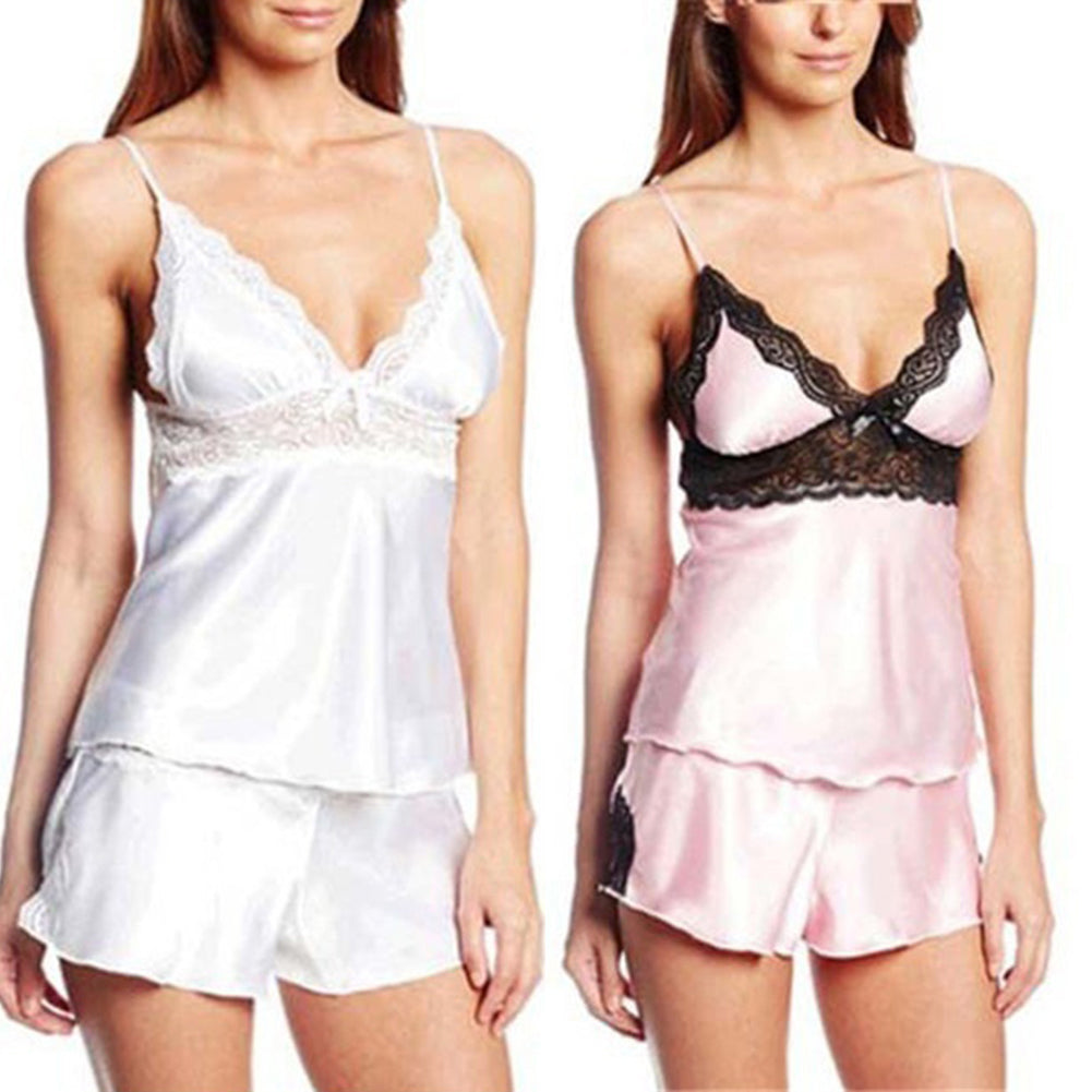 Sexy Two-piece Sleepwear Spaghetti Strap V-Neck Lace Stitching Top + Shorts