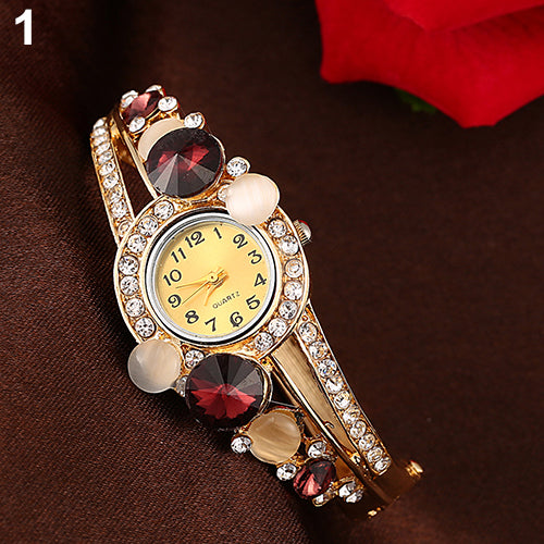 Women Retro Hollow Faux Opal Rhinestone Inlaid Cuff Bangle Wrist Watch