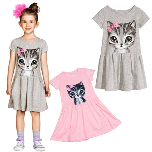 Kids Girls Fashion Summer Short Sleeve Cute Cat Bowknot Dress O-Neck Dress