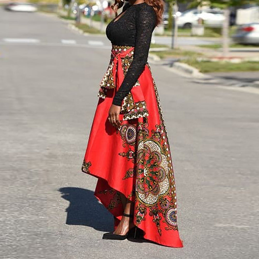 Ethnic Pattern Irregular Women Spring Summer Party Banquet Long Umbrella Skirt