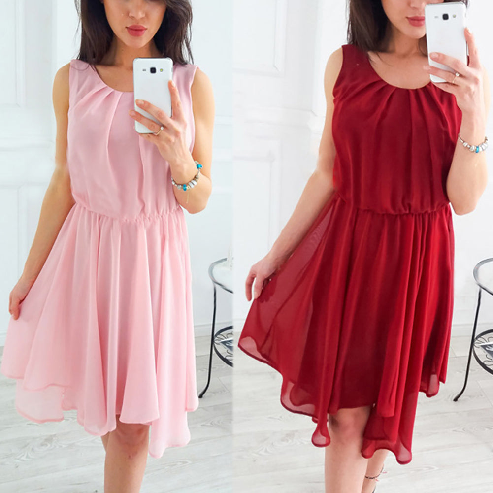 Summer Fashion Women Sleeveless Solid Color Irregular Hem Chiffon Casual Dress