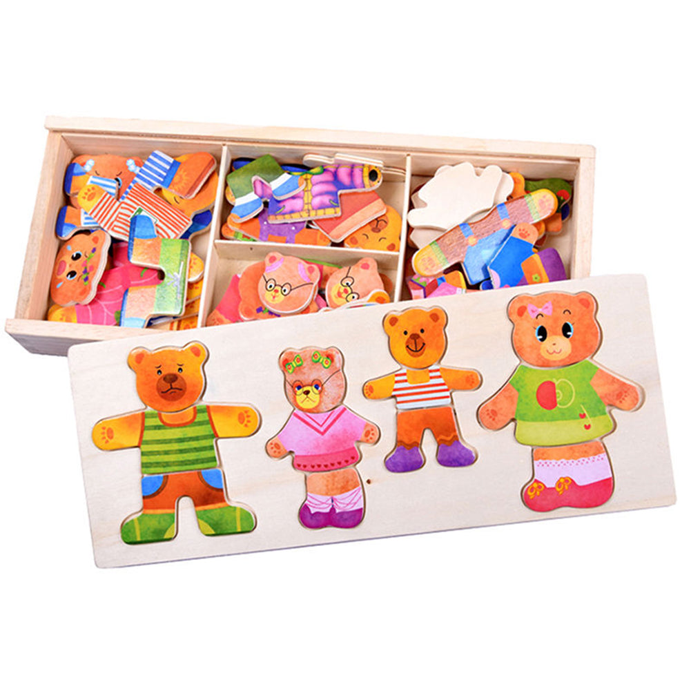 Wooden Baby Bear Changing Clothes Puzzle Set Children Kids Educational Toys Gift