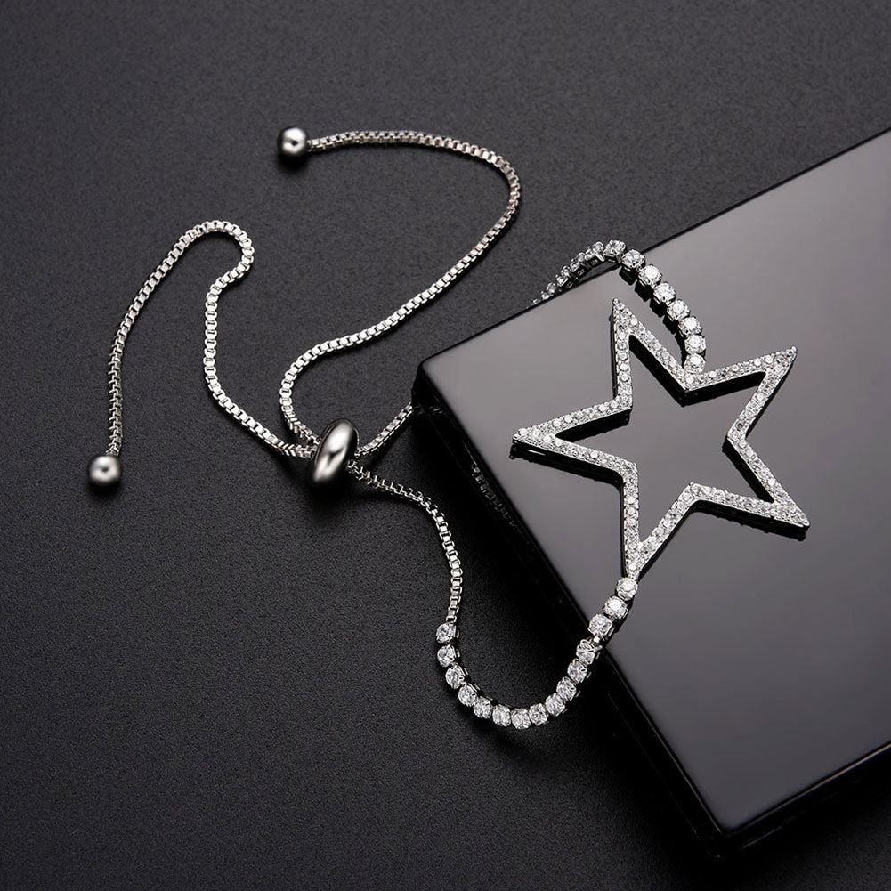 Luxury Zircon Hollow Star Charm Adjustable Pull Slider Bracelet Women Bangle