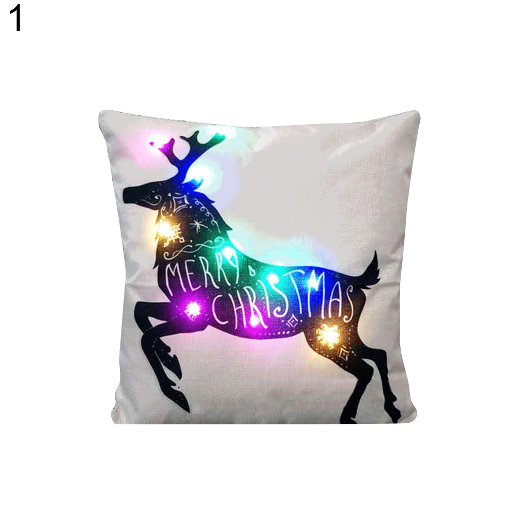Deer Christmas Pillow Case LED Lighting Linen Cushion Cover Sofa Home Decor