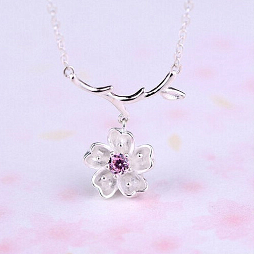 Cherry Blossoms Flower Tree Branches Pendant Necklace Women Elegant Jewelry