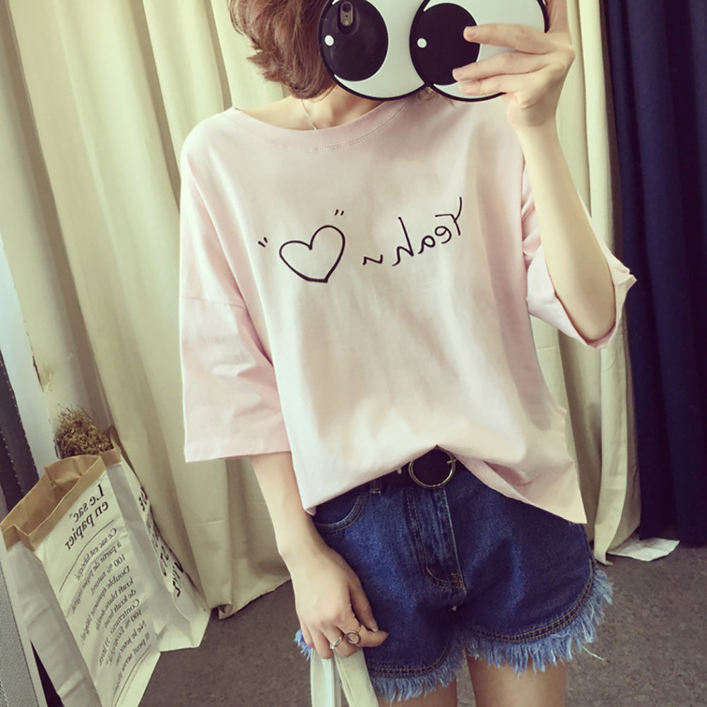 Letter Love Heart Print Women Round Neck Short Sleeve Top Tee Summer T-Shirt