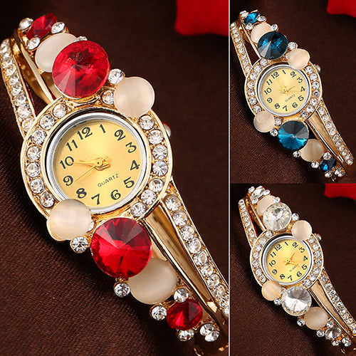 Women Retro Hollow Faux Opal Rhinestone Inlaid Cuff Bangle Wrist Watch