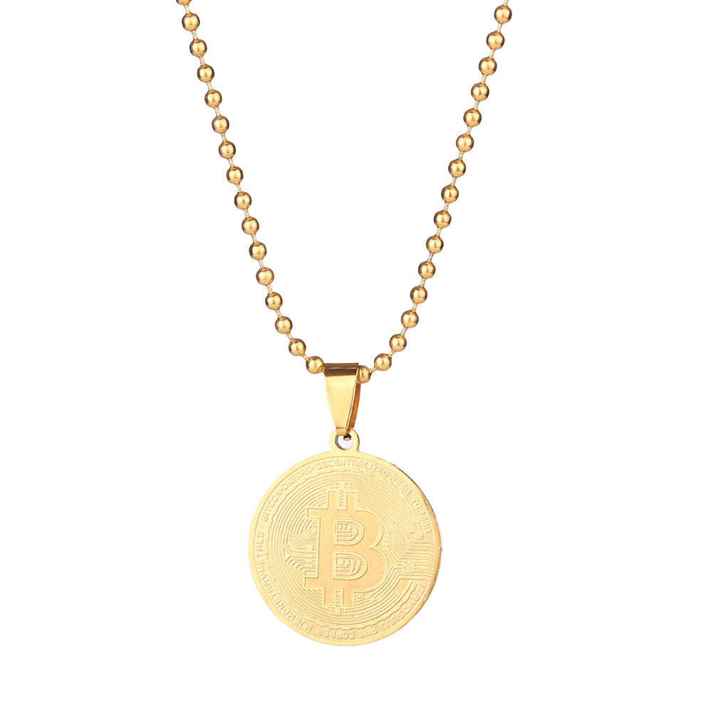 Stainless Steel Commemorative Bitcoin Pendant Bead Chain Unisex Necklace Jewelry