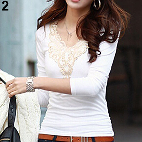 Women's Embroidery Lace Decoration Tops V Neck Long Sleeves Slim Cotton T-Shirt