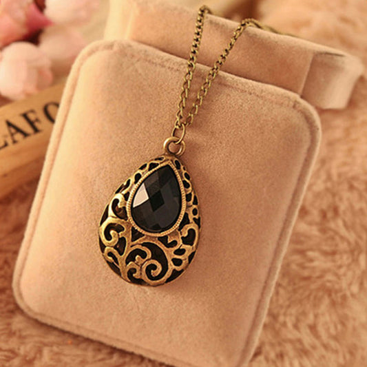 Women Vintage Jewelry Long Chain Waterdrop Carved Pendant Sweater Necklace