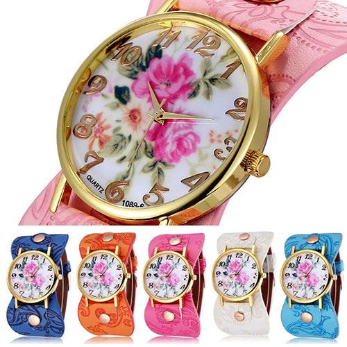 Women's Arabic Numerals Peony Floral Dial Wide Faux Leather Bracelet Wrist Watch