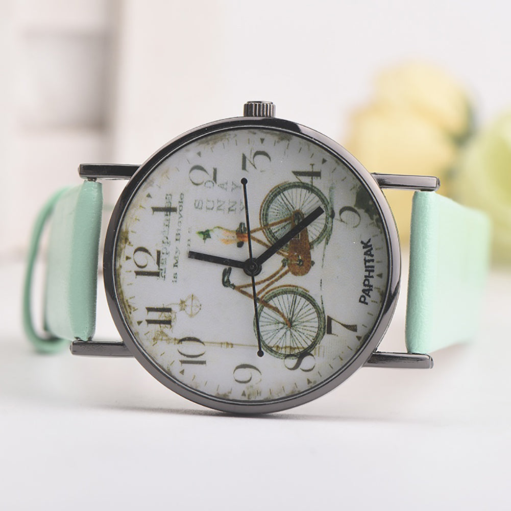 Vintage Bike Print Round Dial Analog Faux Leather Band Quartz Women Wrist Watch