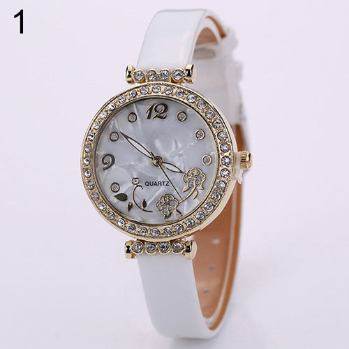 Women's Flower Rhinestone Watch Fine Faux Leather Strap Quartz Gift Wristwatch