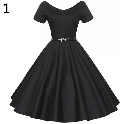 Women's Vintage Wide V-neck Long Swing Dress Short Sleeve Cocktail Party Dress