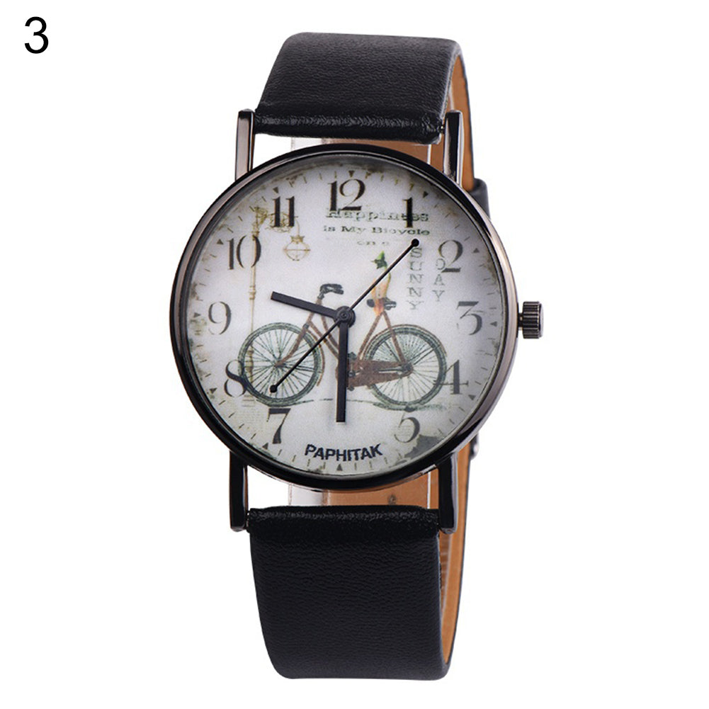 Vintage Bike Print Round Dial Analog Faux Leather Band Quartz Women Wrist Watch