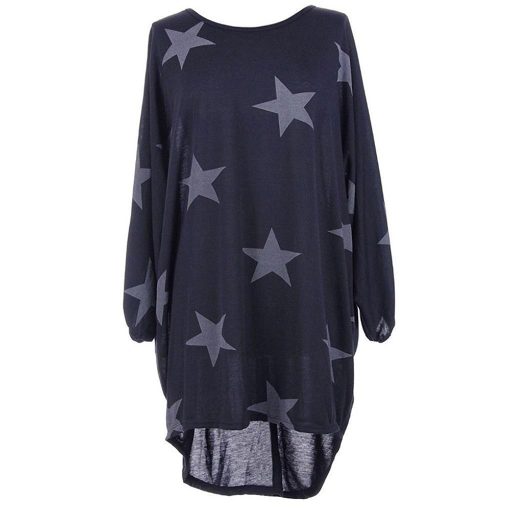 Stars Print Long Sleeve Round Neck Women Spring Loose Long T-shirt Top Dress