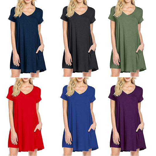 Women's Casual Simple Plain Side Pockets Summer Loose V-Neck T-shirt Dress