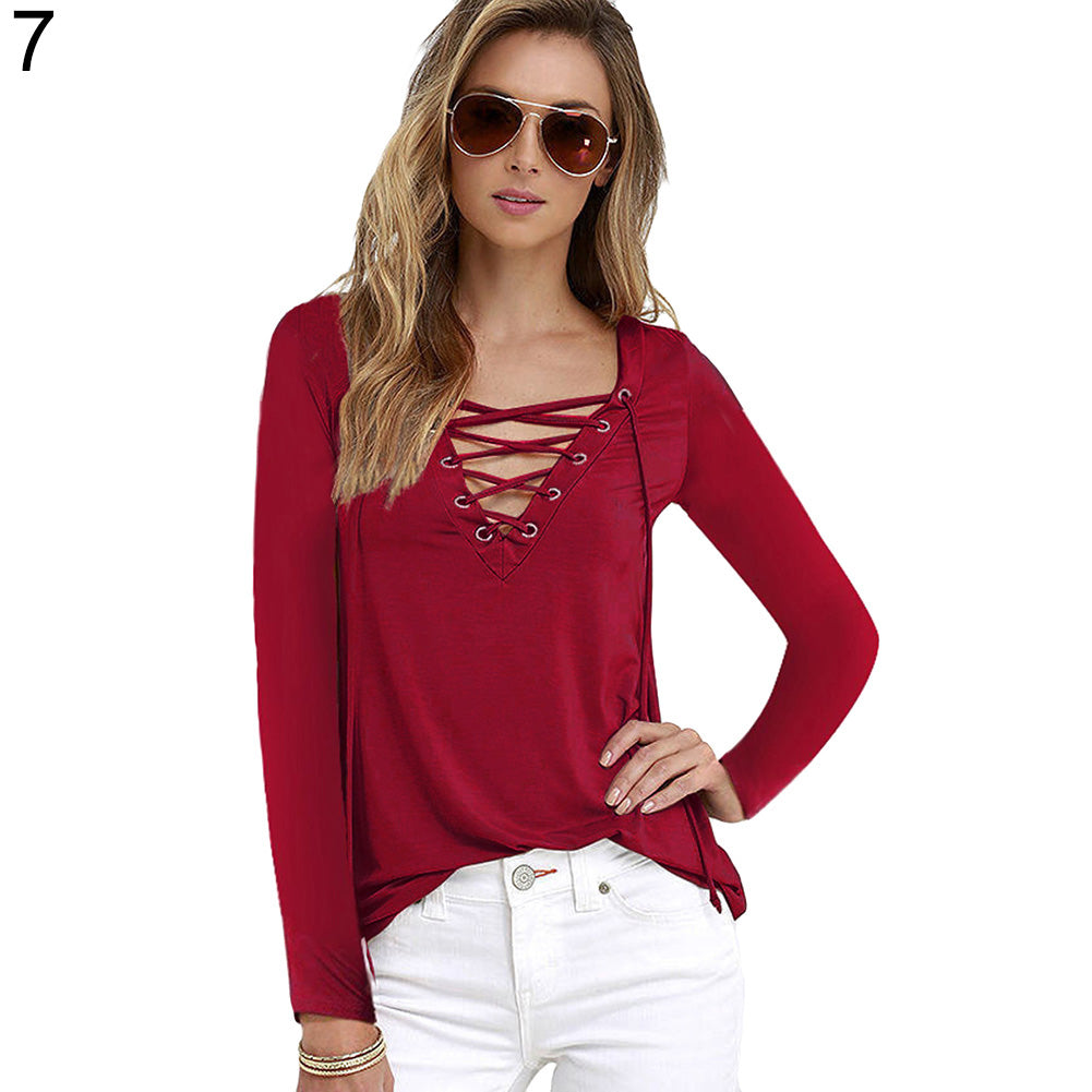 Women Sexy Plain Deep V Neck Cross Eyelet Lace Up Long Sleeve Blouse Top Shirt