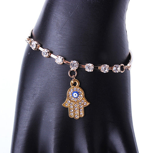 Women Hamsa Fatima Hand Pendant Good Luck Shiny Rhinestone Bracelet Jewelry