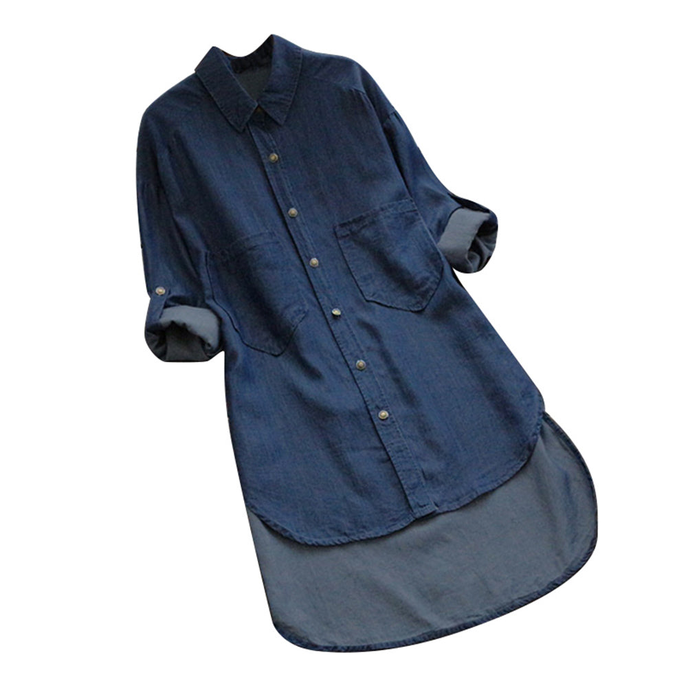 Solid Color Adjustable Long Sleeve Women's Casual Irregular Denim Shirt Top