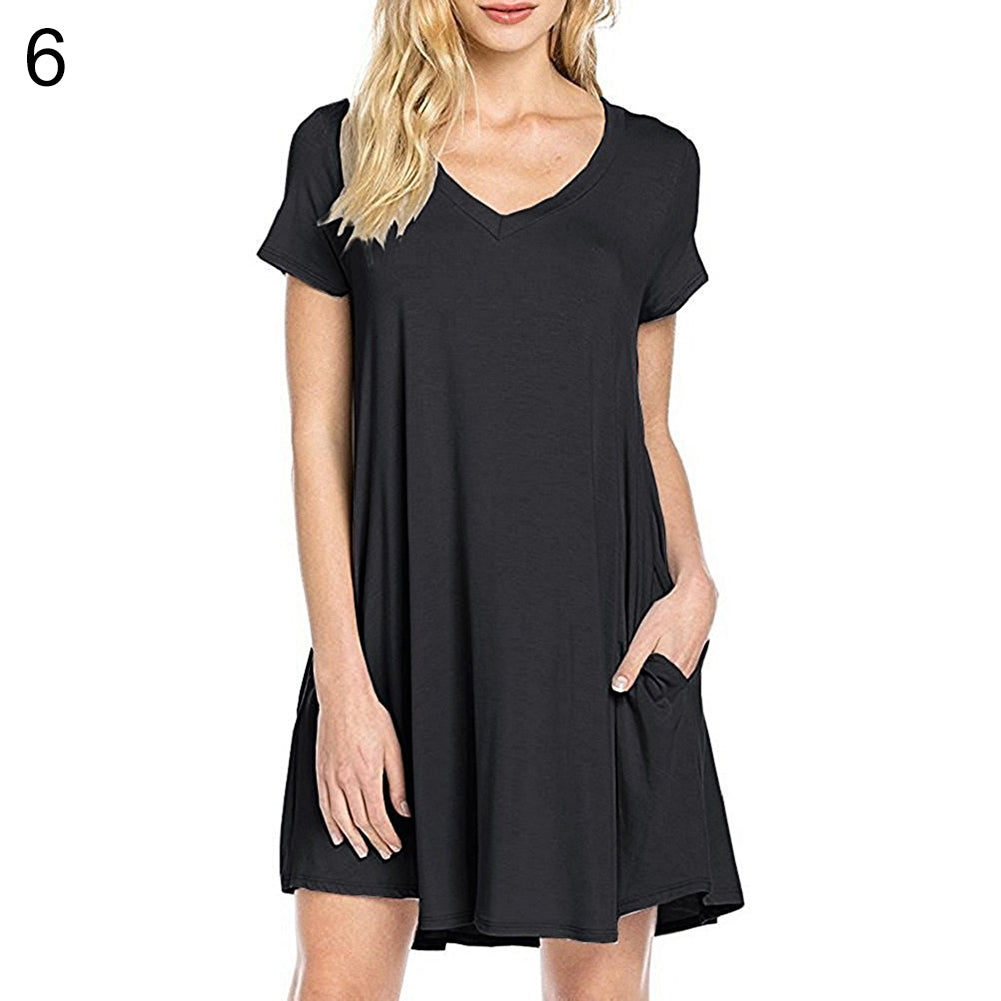 Women's Casual Simple Plain Side Pockets Summer Loose V-Neck T-shirt Dress