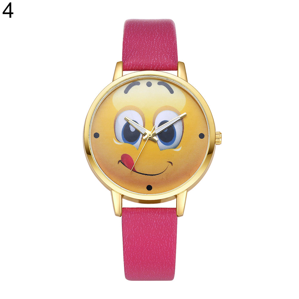 Lady Stylish Lovely Greedy Face Emoji Faux Leather Band Analog Wrist Watch