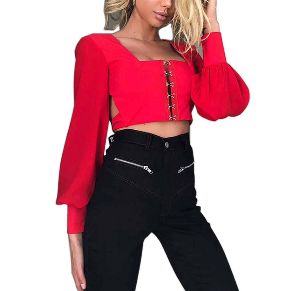 Fashion Women Solid Color Long Sleeve Summer Backless Bandage Crop Top Blouse