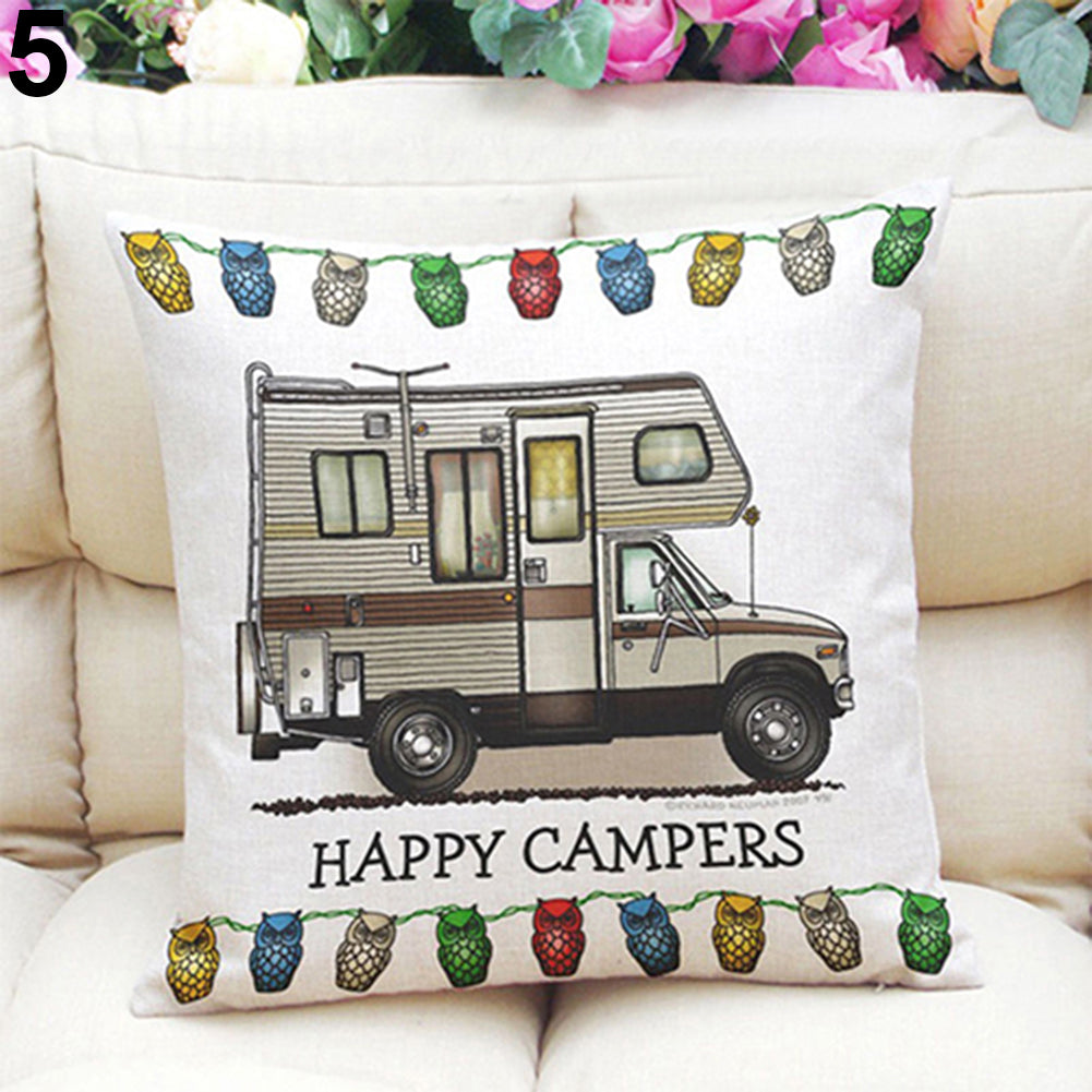 Happy Campers Soft Linen Pillow Sofa Case Waist Throw Cushion Cover Home Decor