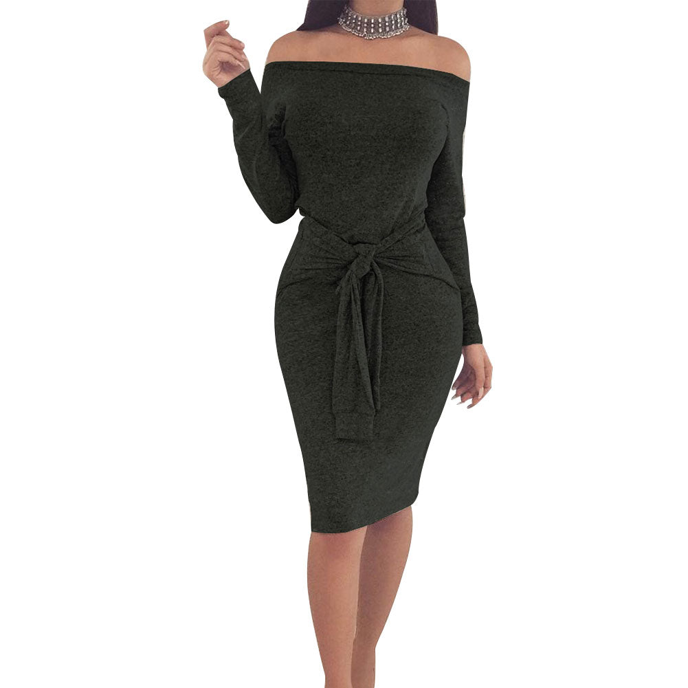 Women Off-Shoulder Long Sleeve Autumn Winter Sexy Bodycon Evening Party Dress